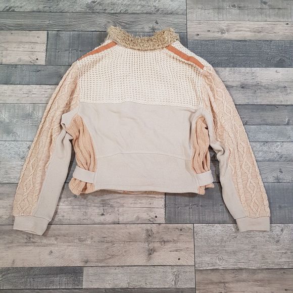 Free People Cozy Knit Mix Moto Jacket Medium UK 12 Ivory Neutral Boho BN - Picture 2 of 12